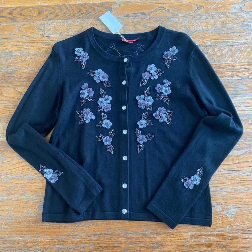 Black Cardigan with Grey Floral Embroidery and Sequins